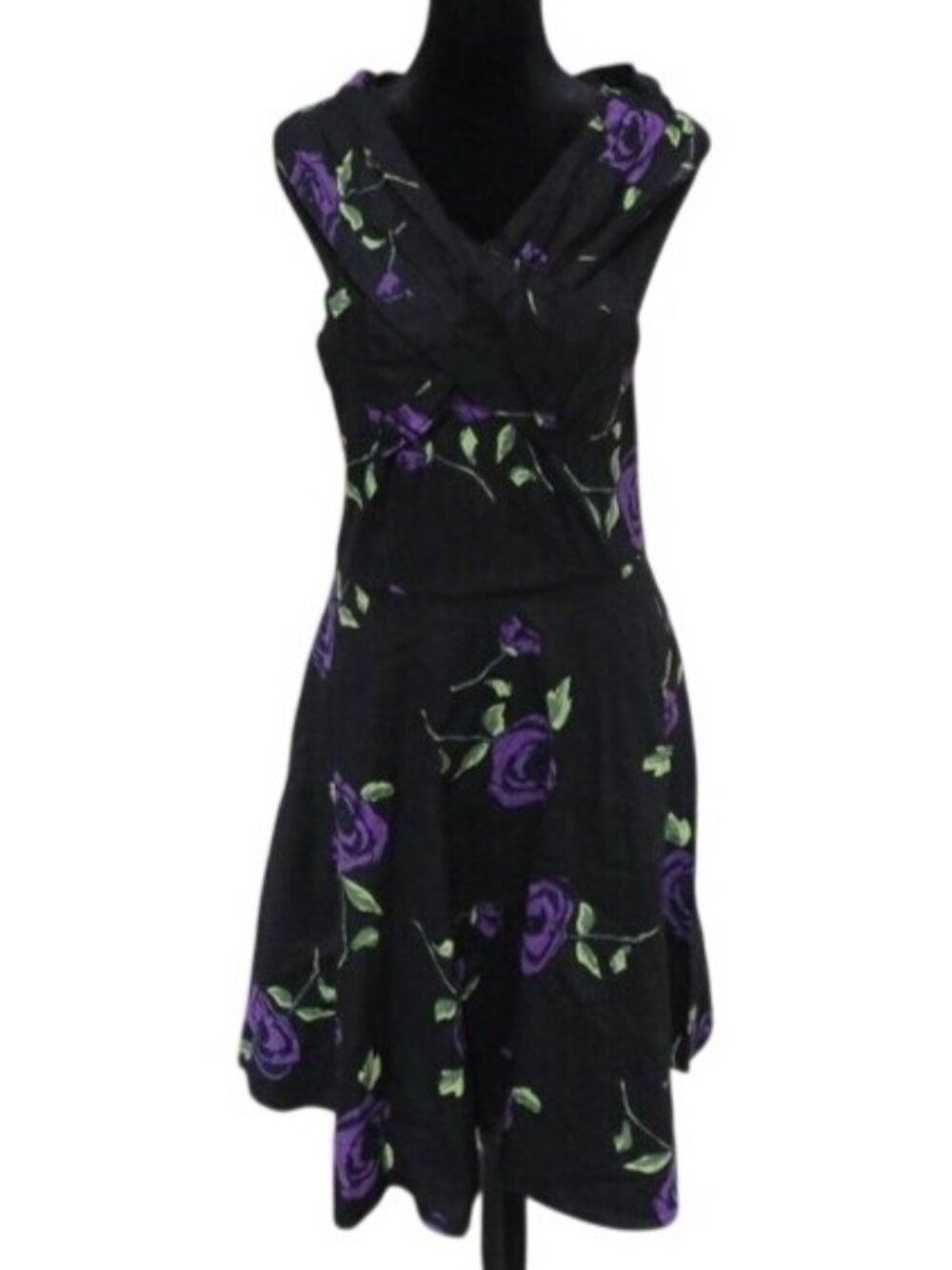 Mixinni Black and Purple Floral Spring Sleeveless Dress with flair skirt Large
